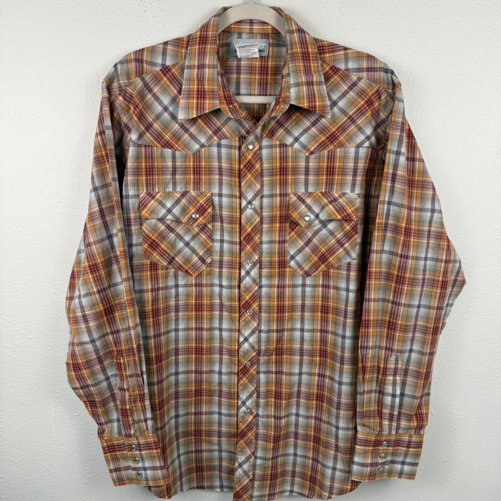 Wrangler Wrancher Mens Orange‎ Plaid Pearl Snap Western Shirt MTW1222 Large